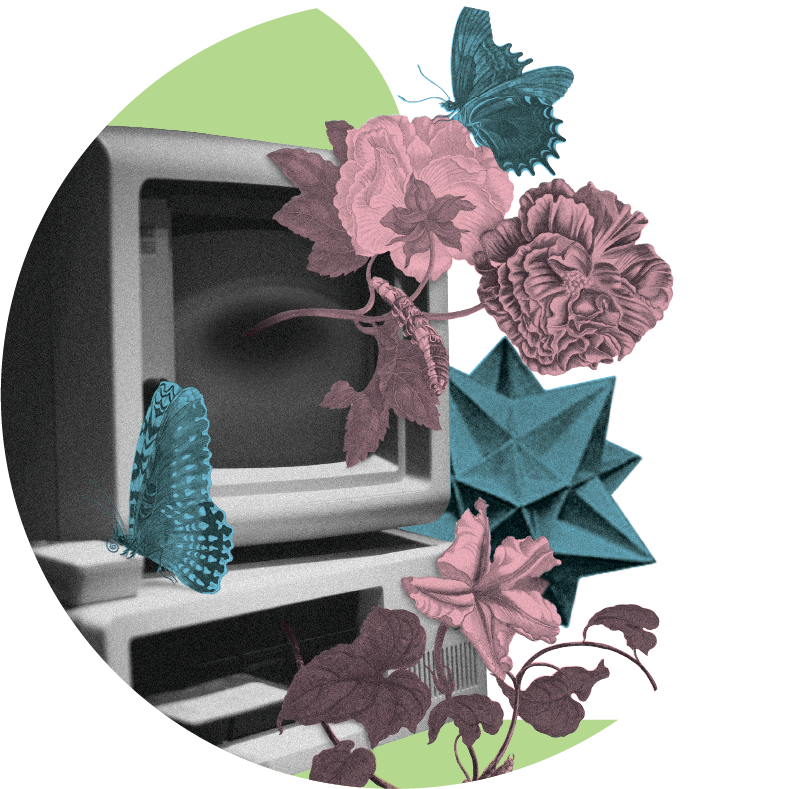  A re:you collage of an old-school computer wrapped in blooming flowers and butterflies. Soft meets sharp. Tech meets nature. Our messy, beautiful evolution.