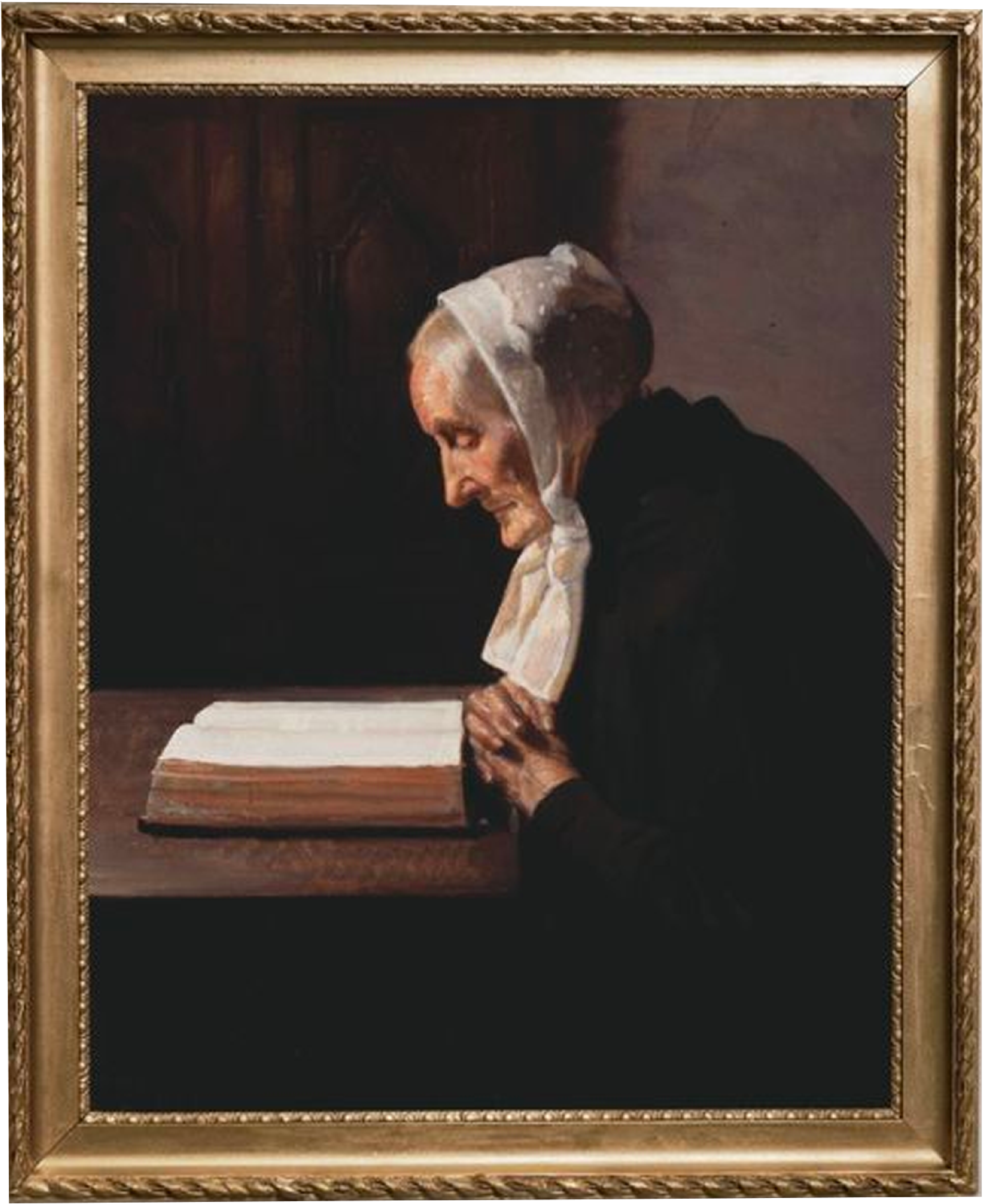 Elderly woman with a white headscarf reading a large book, seated in shadow, wrapped in stillness and quiet focus.