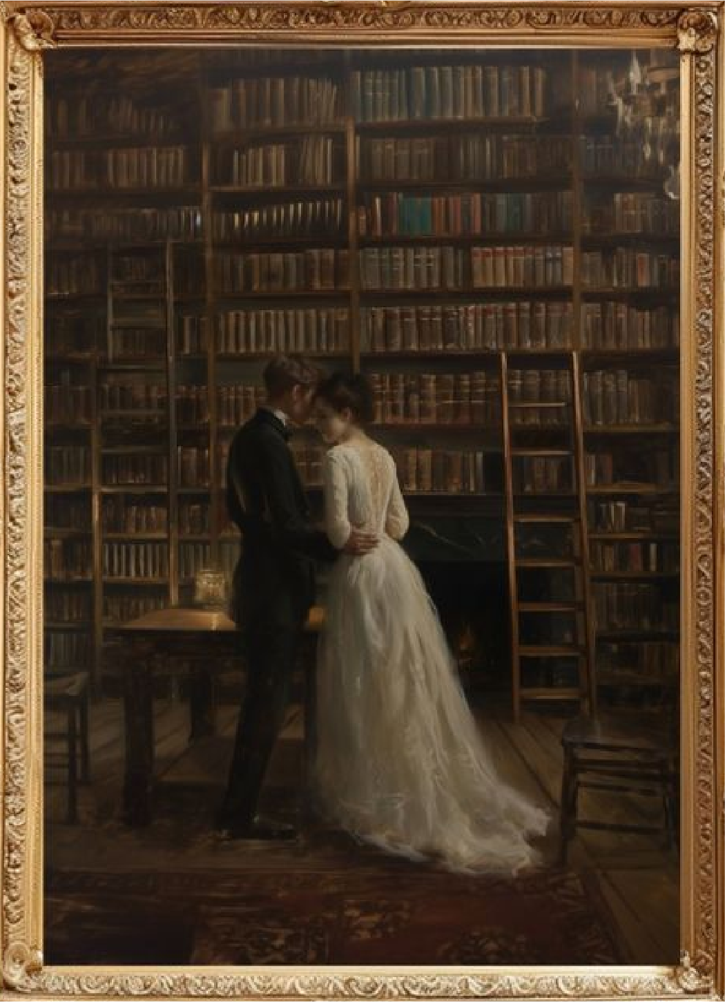 Vintage-style painting of a couple leaning into each other in a massive book-filled library. A quiet, emotional moment — reminding us how learning and love can coexist. Feels like re:you.