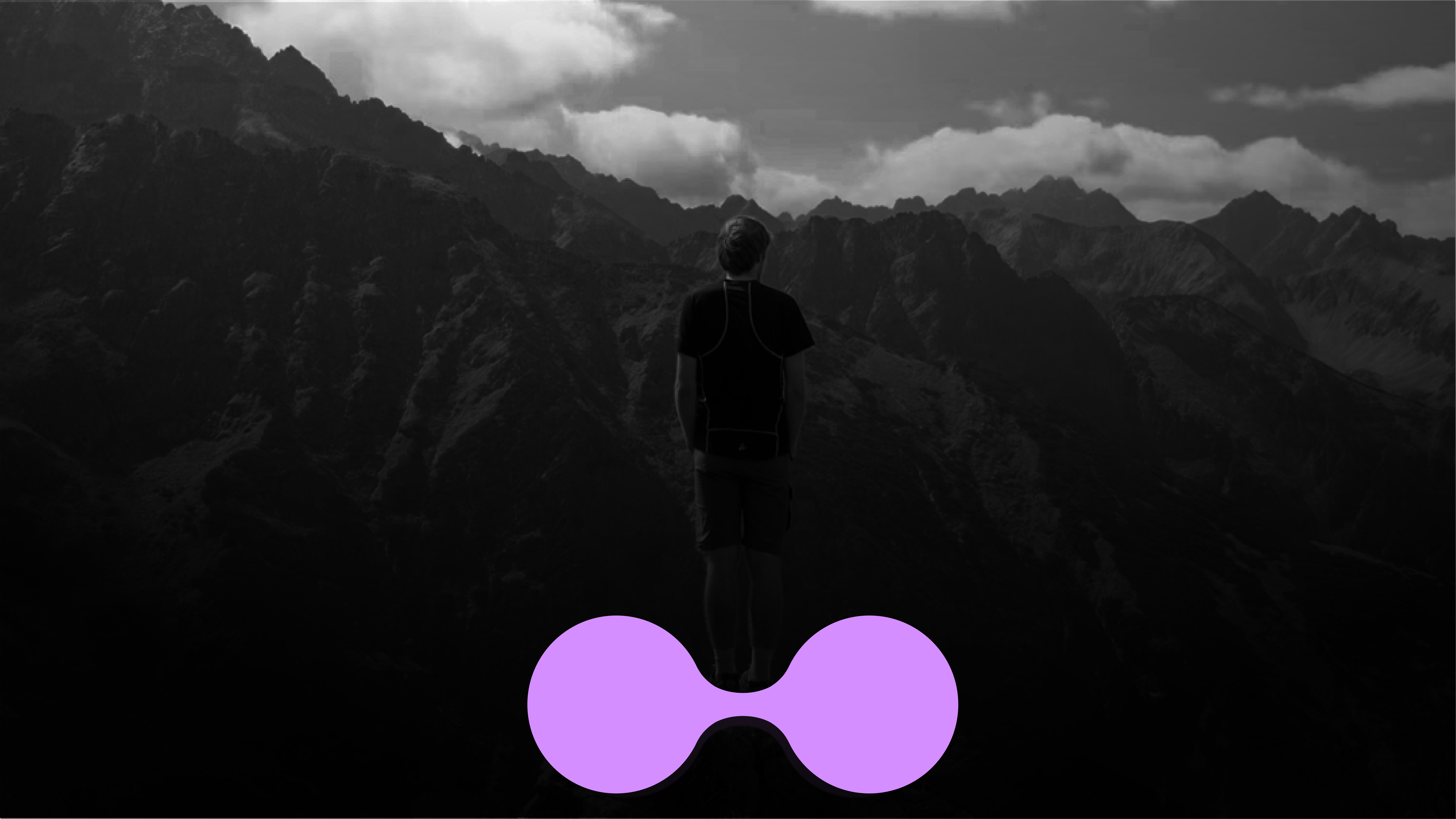 Silhouetted figure standing alone before a dramatic mountain range, with the re:you purple symbol beneath them—capturing a moment of quiet self-reflection.