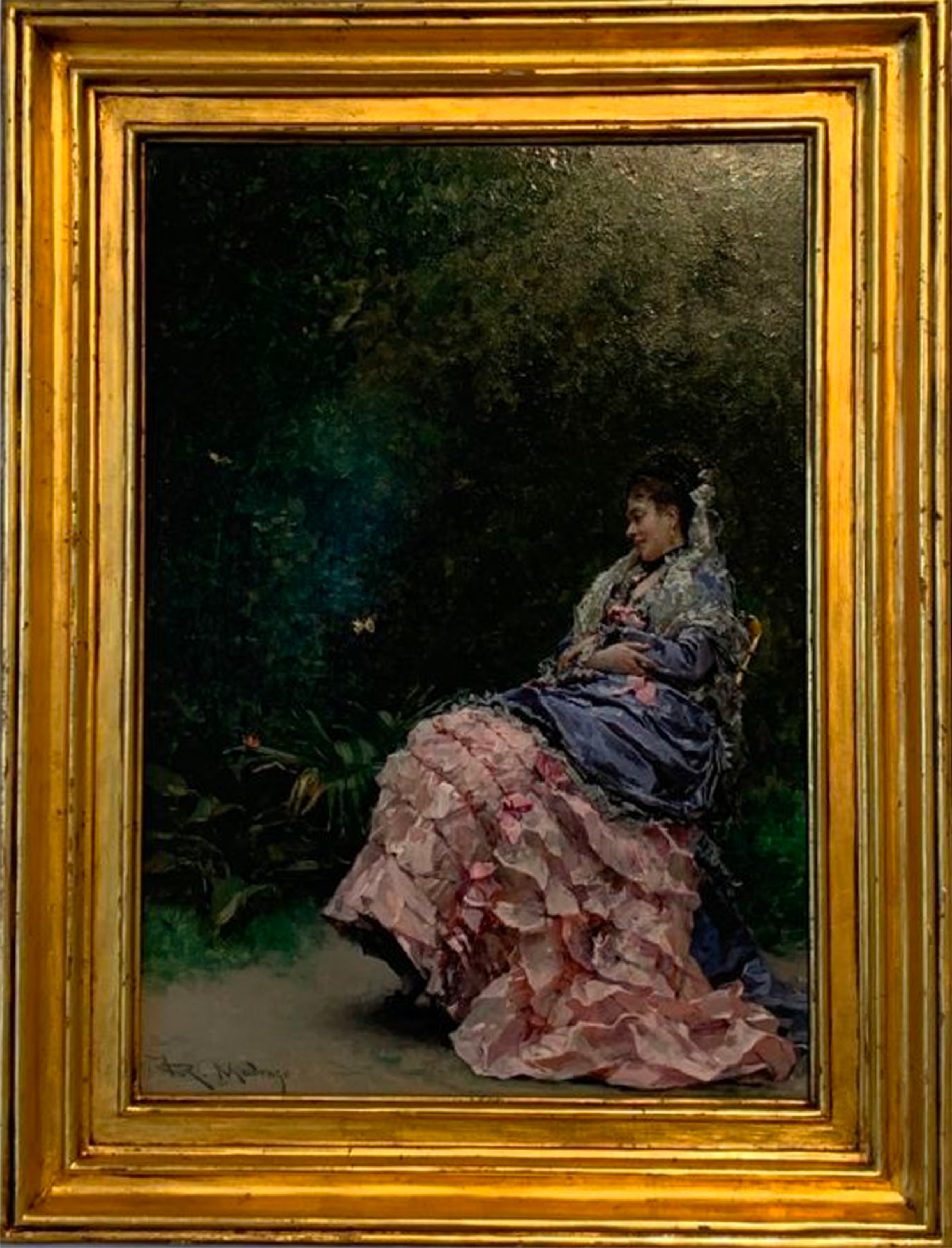 Classic oil painting of a woman seated in a layered dress surrounded by greenery—capturing grace, stillness, and personal presence.