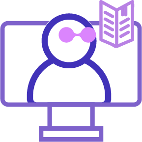 Stylized re:you icon of a person on a computer monitor with an open book, representing digital learning or online education within the re:you ecosystem.