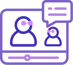 An icon of two re:you-style avatars chatting through a digital screen. Learning is conversation. Growth is co-created. This icon says: we’re in this together.