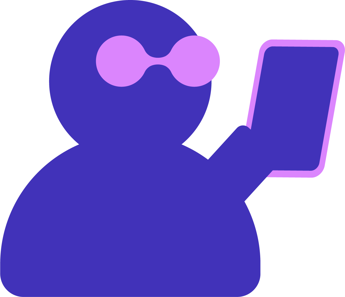 A bold re:you character holding a phone, reflecting mobile-first access to self-awareness tools, check-ins, and personal insights on the go.