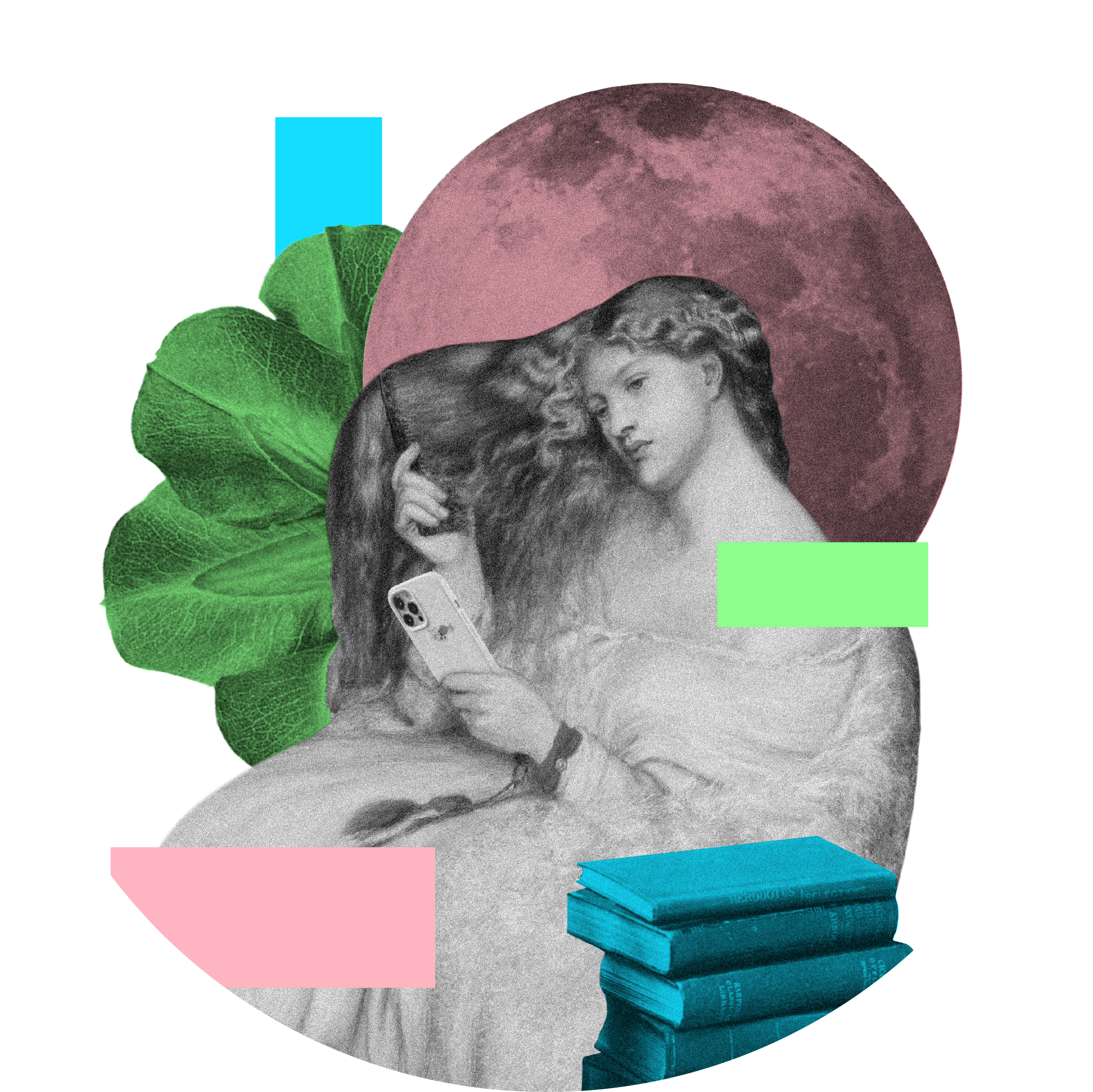 A dreamy re:you visual: vintage muse brushing her hair, phone in hand, moon glowing behind her. She’s ancient and current. Reflecting, reclaiming, rewriting.