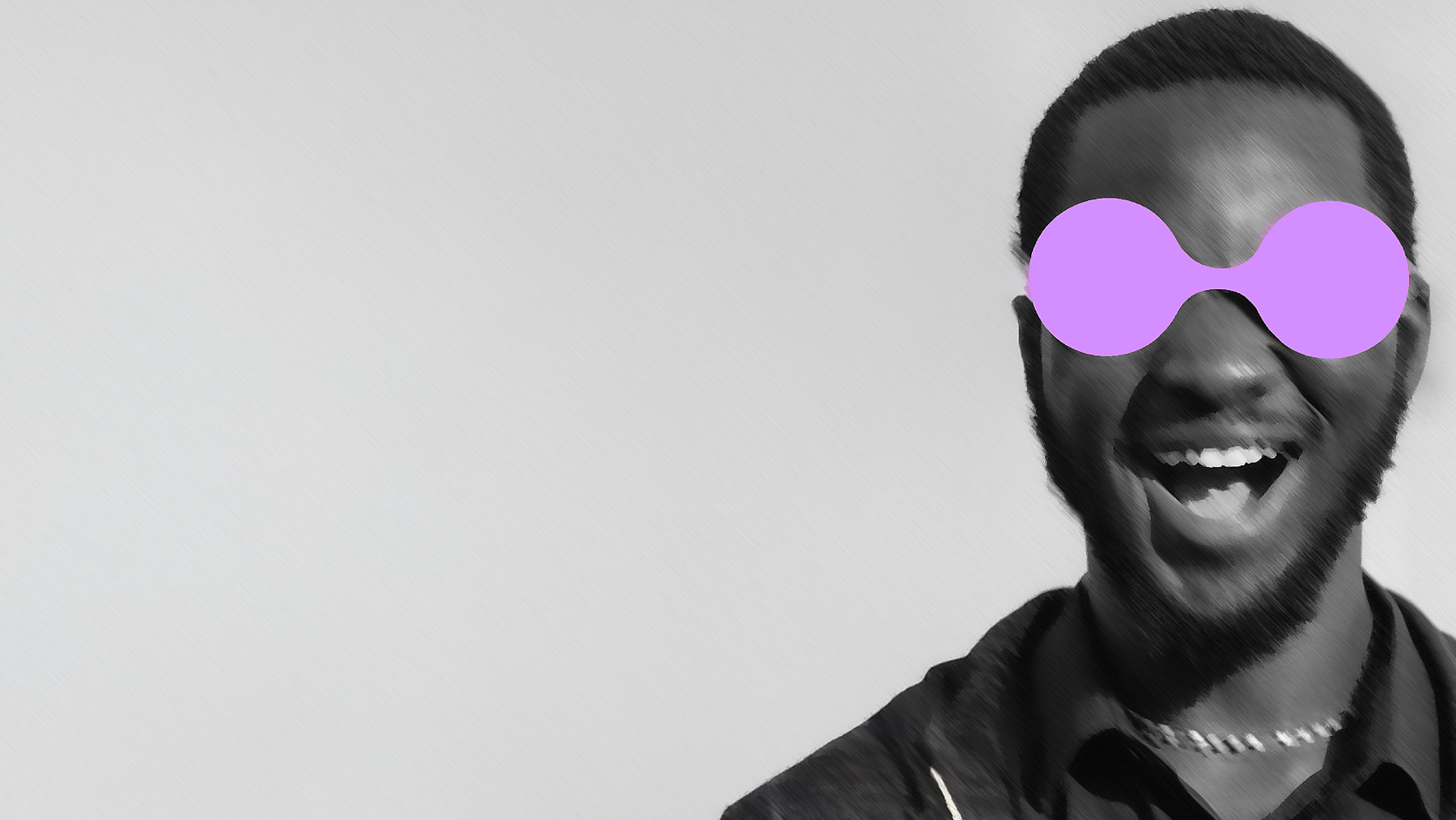 Black and white portrait of a joyful man wearing re:you's iconic purple glasses, radiating expressive energy
