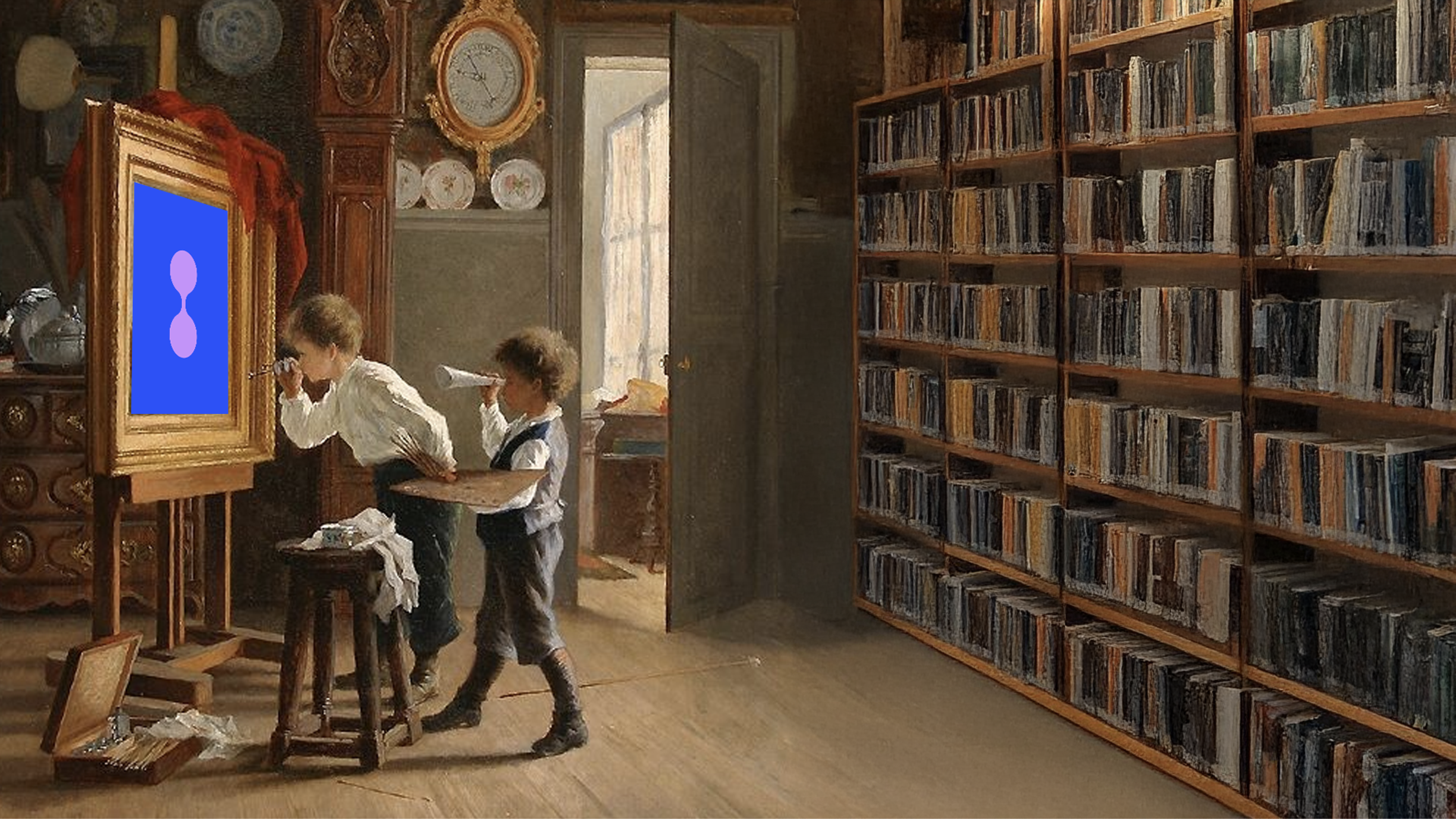 Two children paint the re:you symbol on a framed canvas in a vintage library, representing curiosity, learning, and personal growth