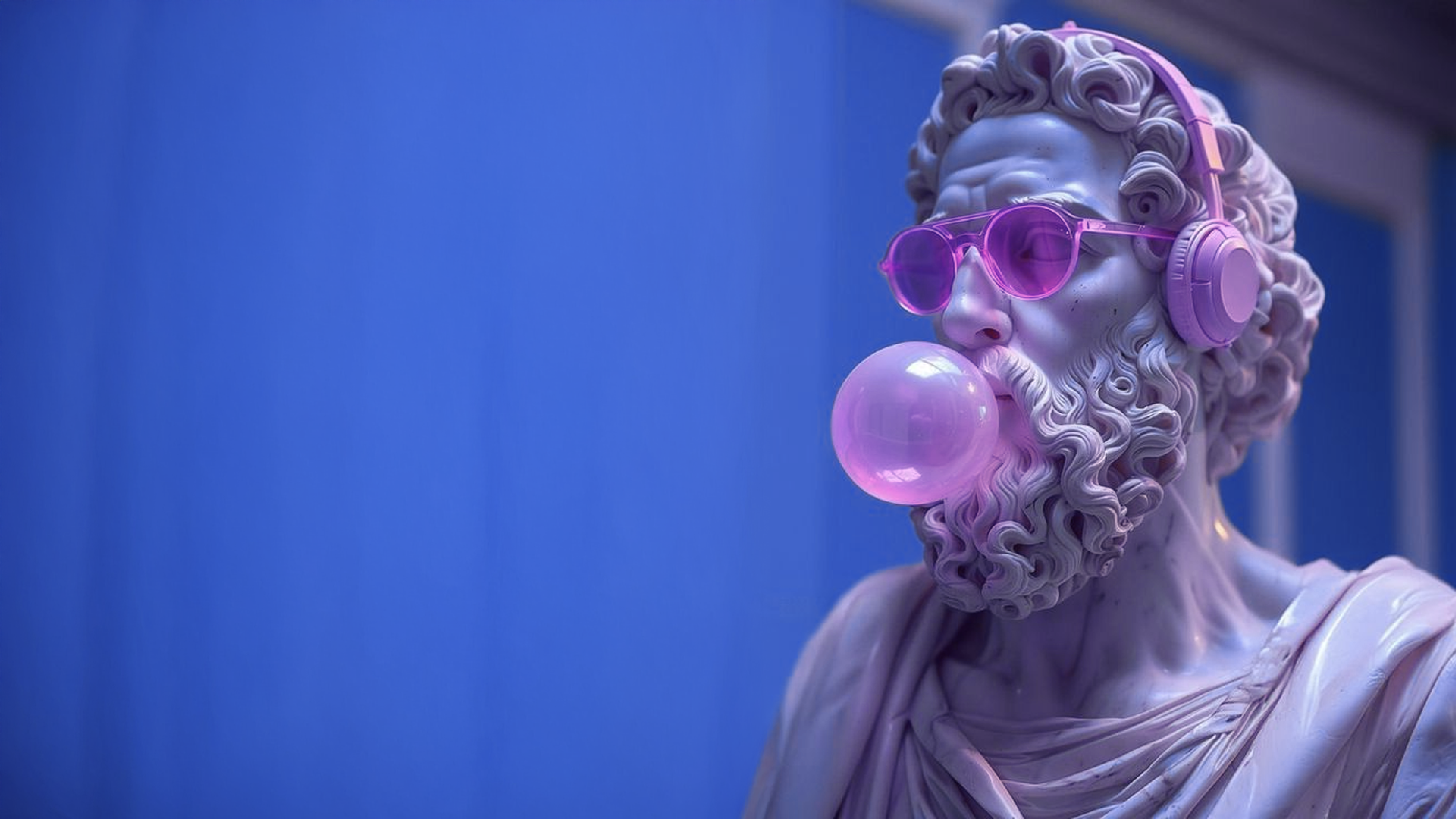 A classical statue wearing pink sunglasses and headphones blows bubblegum, blending ancient wisdom with playful modern mindfulness — the spirit of re:you