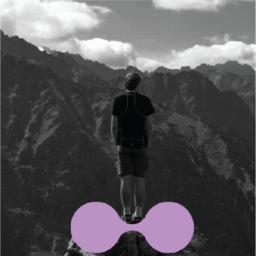 A person standing solo on a rocky mountain top, purple re:you symbol at their feet. It's giving isolation, introspection, and the whole “figuring myself out” thing. Real ones get it.
