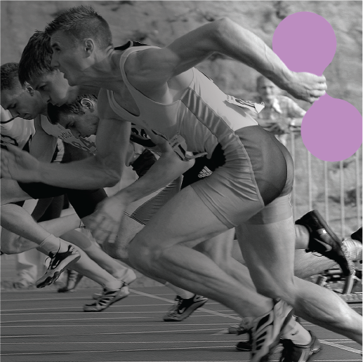 A black-and-white photo of sprinters launching into motion, with a purple symbol floating midair. That re:you tension—where pressure, performance, and purpose collide.