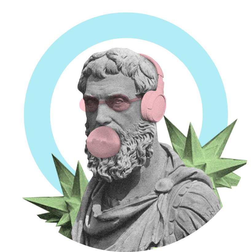 A marble statue of a philosopher blowing bubblegum with pink headphones and sunglasses. It's giving: “I overthink, but I do it in style.” The re:you way? Wisdom + attitude.